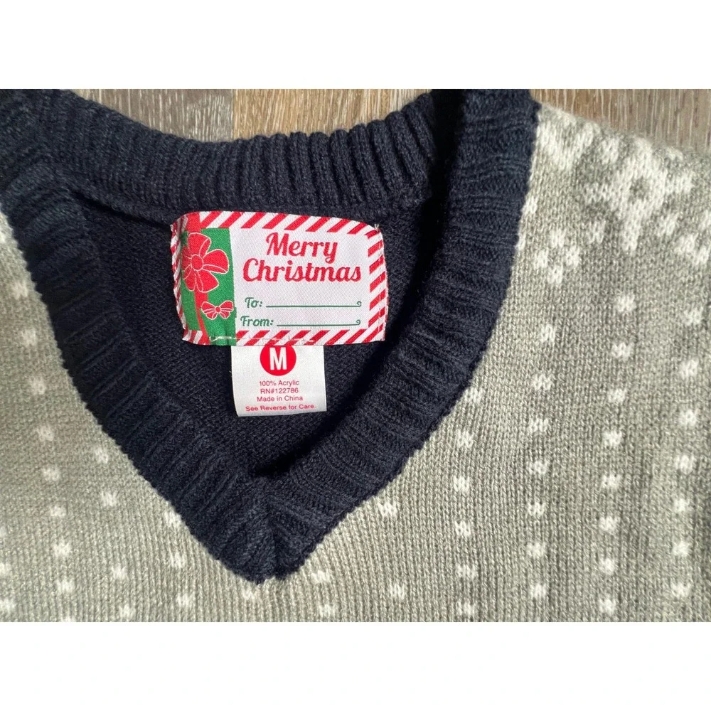Merry Christmas Sweater Vest Mens Medium Blue‎ Reindeer Snowflake V-Neck Knit